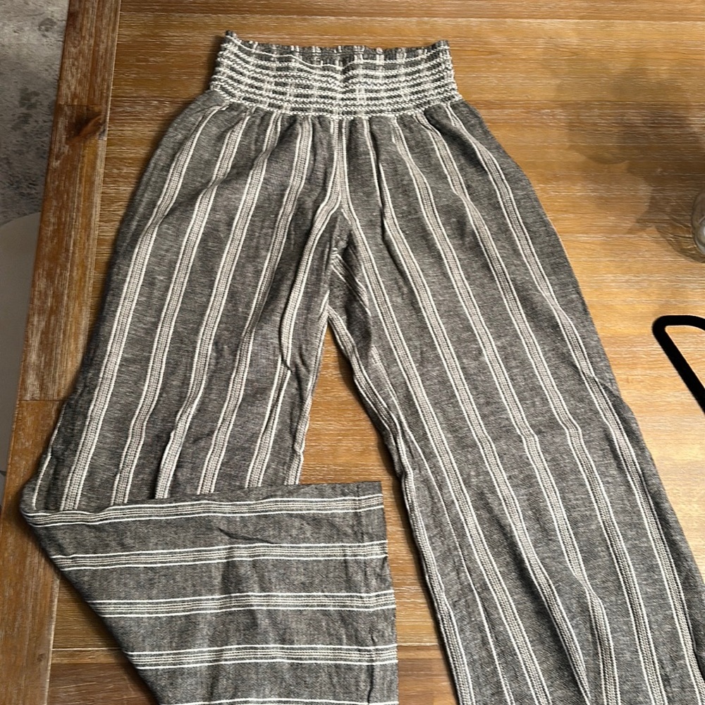 Trendy Striped Grey Linen Smocked-Waist Super Wide-Leg Pants Style #J22131AHG15…